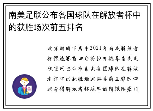 南美足联公布各国球队在解放者杯中的获胜场次前五排名