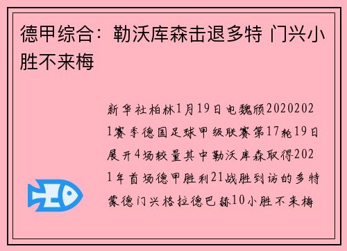 德甲综合：勒沃库森击退多特 门兴小胜不来梅